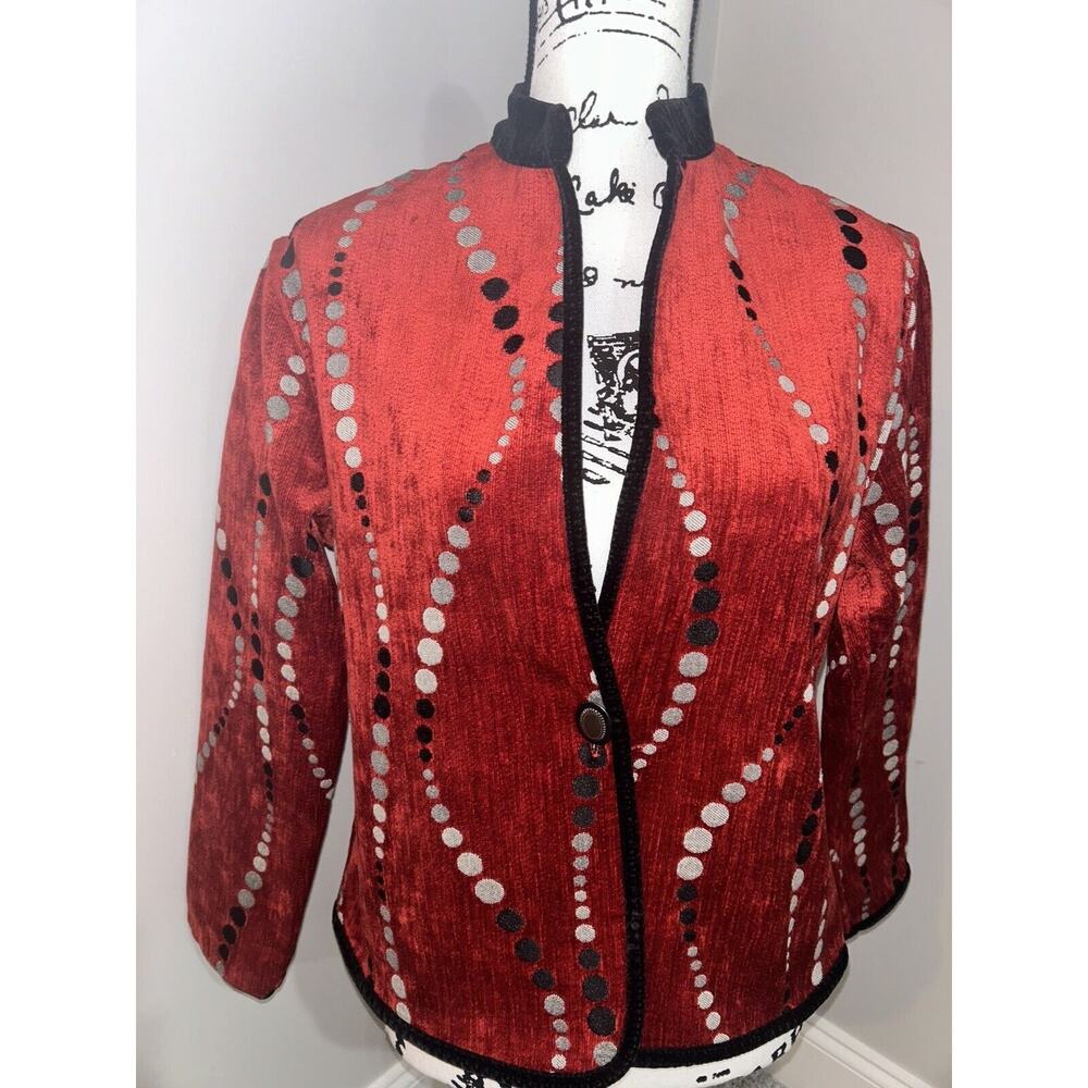 Khangura Statement Jacket Red Orange Novelty Circle Print Black Trim Career Wear - Picture 2 of 9
